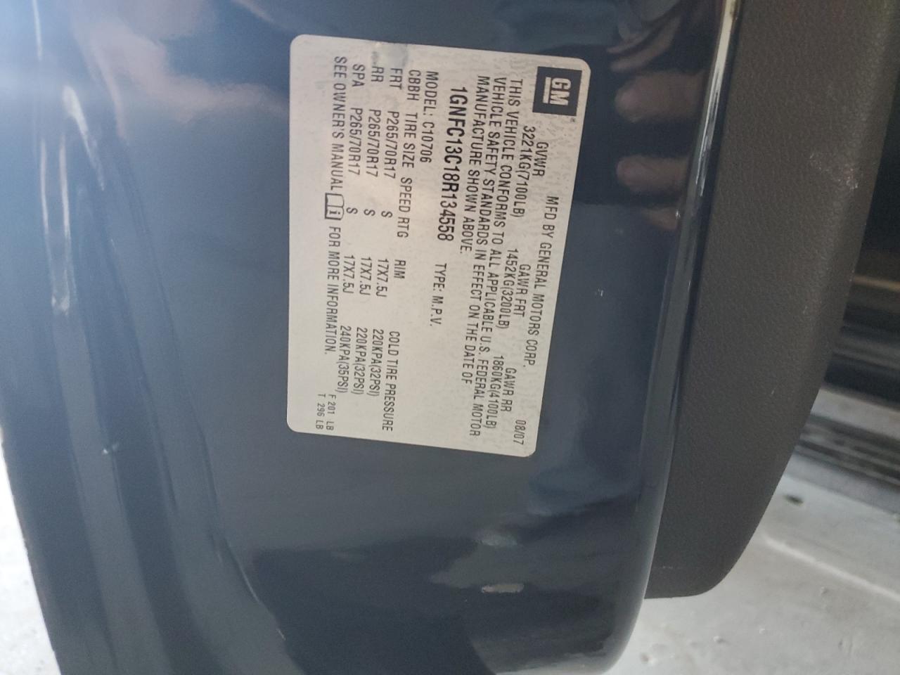 2008 Chevrolet Tahoe C1500 VIN: 1GNFC13C18R134558 Lot: 70725395