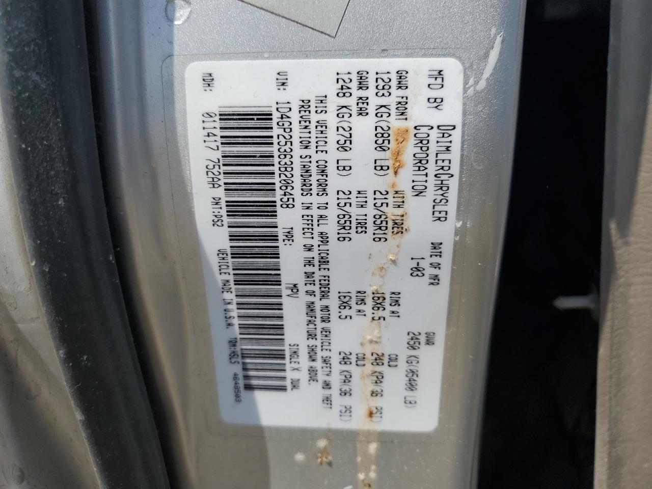 2003 Dodge Caravan Se VIN: 1D4GP25363B206458 Lot: 67476125