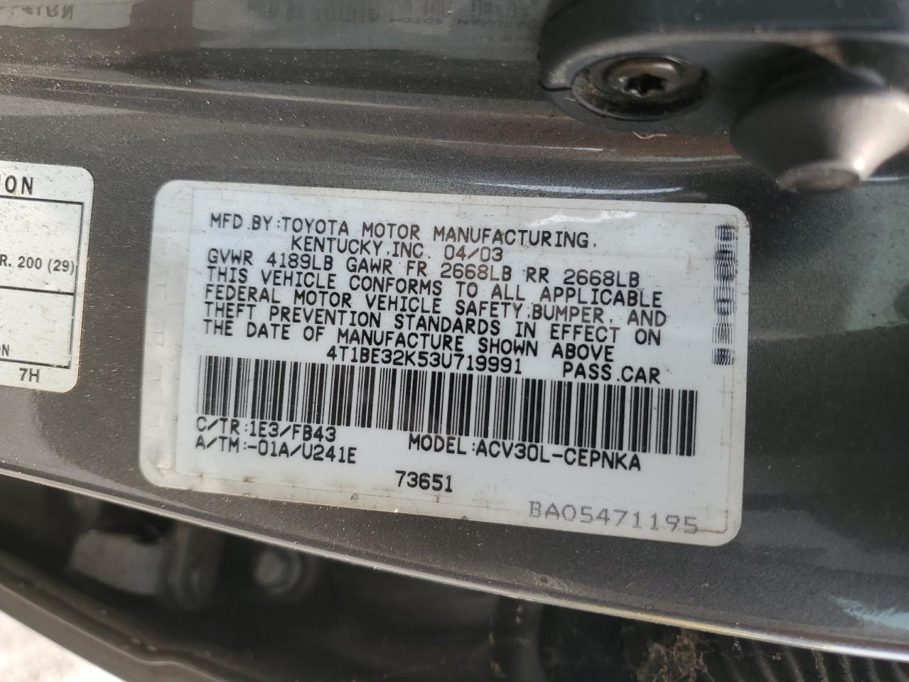 2003 Toyota Camry Le VIN: 4T1BE32K53U719991 Lot: 67626905