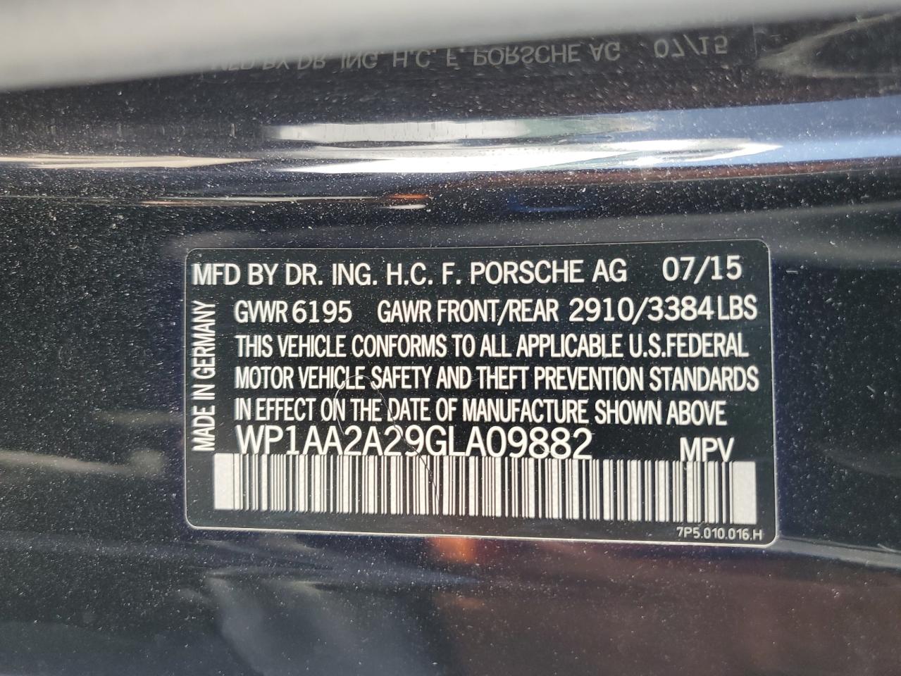 2016 Porsche Cayenne VIN: WP1AA2A29GLA09882 Lot: 69388395