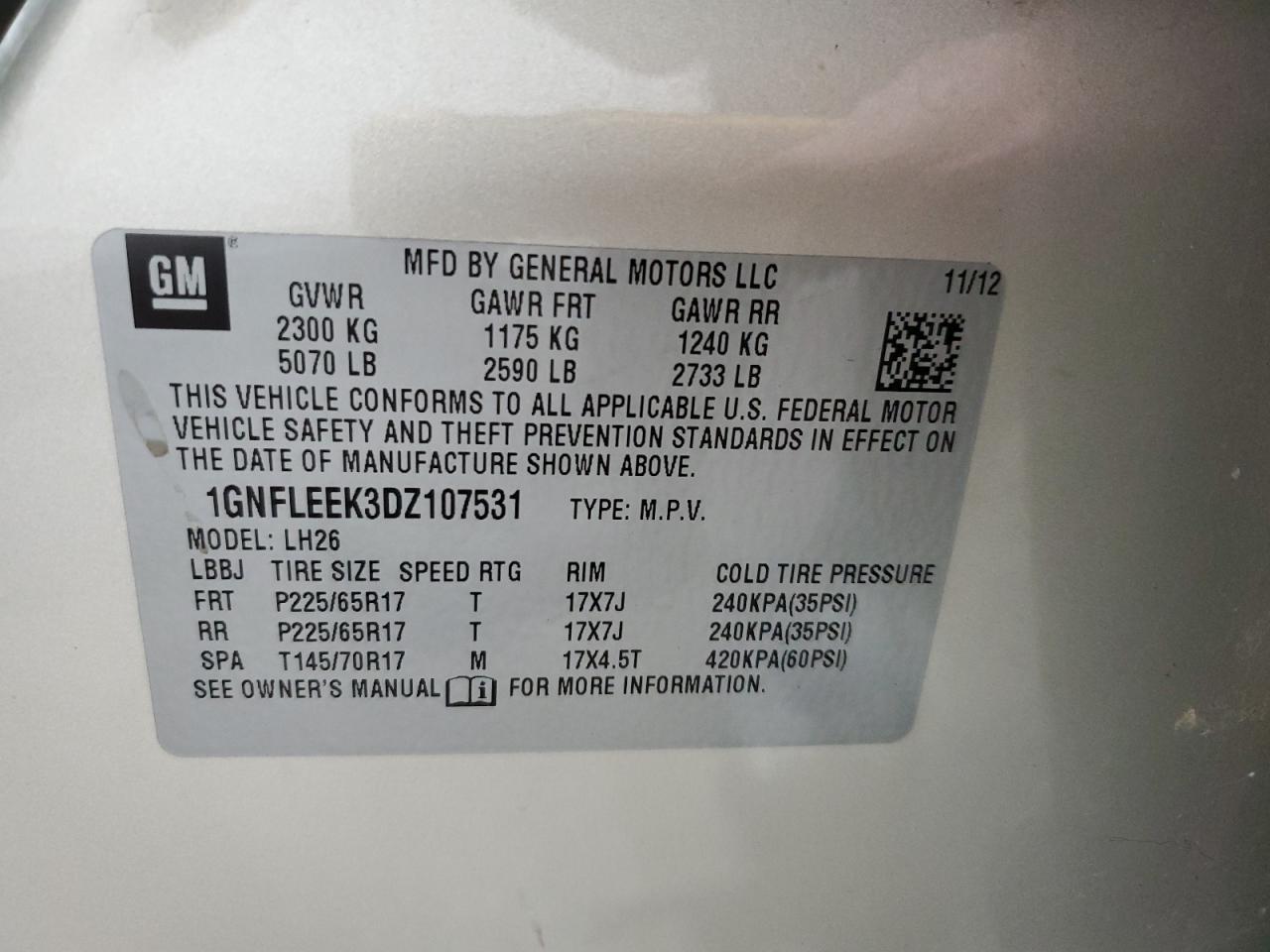 2013 Chevrolet Equinox Lt VIN: 1GNFLEEK3DZ107531 Lot: 69954735