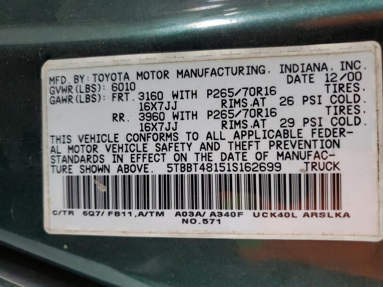 2001 Toyota Tundra Access Cab Limited VIN: 5TBBT48151S162699 Lot: 67643245
