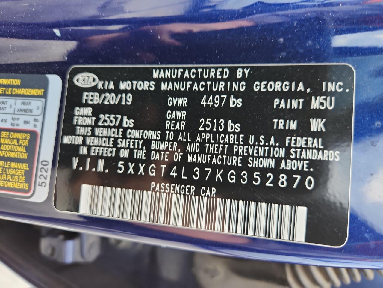 2019 Kia Optima Lx VIN: 5XXGT4L37KG352870 Lot: 68791655