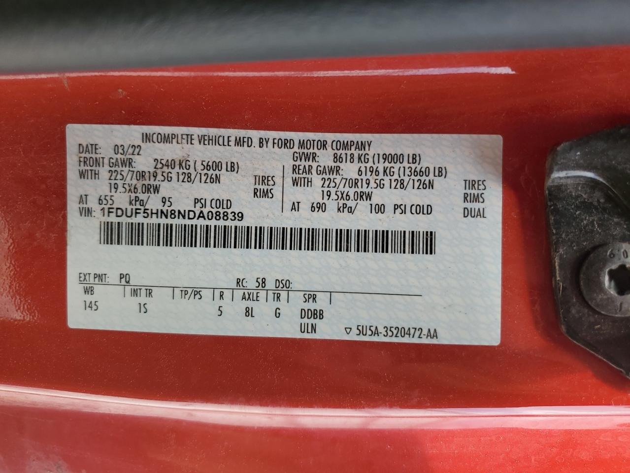 2022 Ford F550 Super Duty VIN: 1FDUF5HN8NDA08839 Lot: 70065125