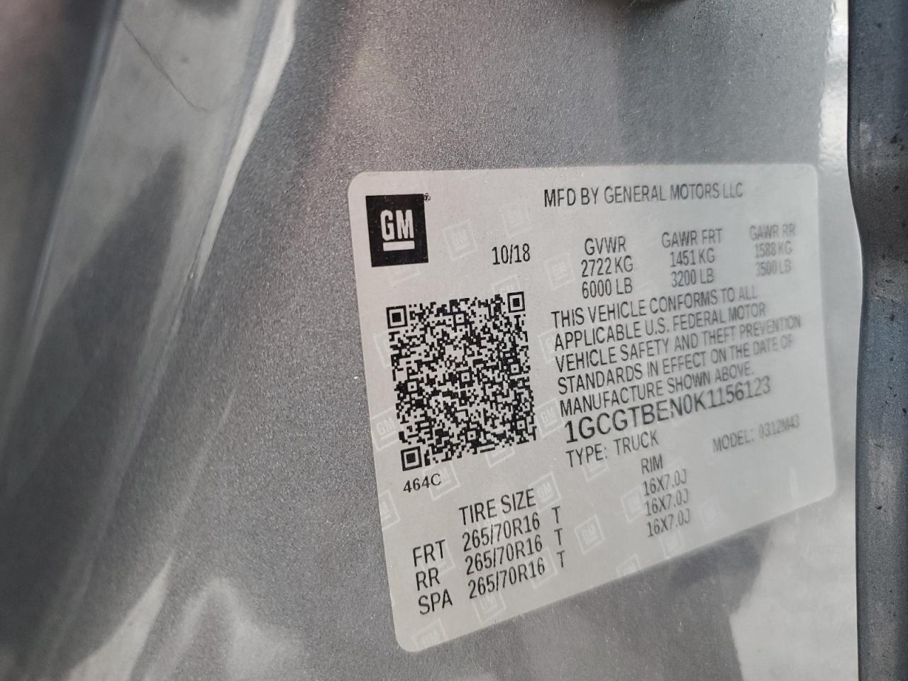 2019 Chevrolet Colorado VIN: 1GCGTBEN0K1156123 Lot: 67947385