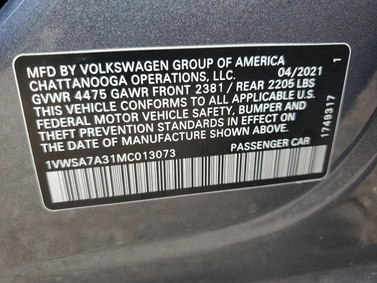 2021 Volkswagen Passat Se VIN: 1VWSA7A31MC013073 Lot: 67807855