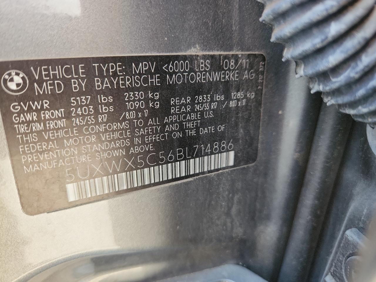 2011 BMW X3 xDrive28I VIN: 5UXWX5C56BL714886 Lot: 70298345