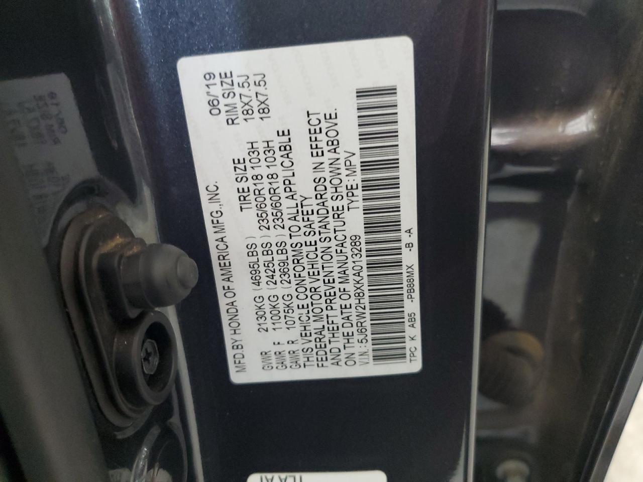 2019 Honda Cr-V Exl VIN: 5J6RW2H8XKA013289 Lot: 69454625