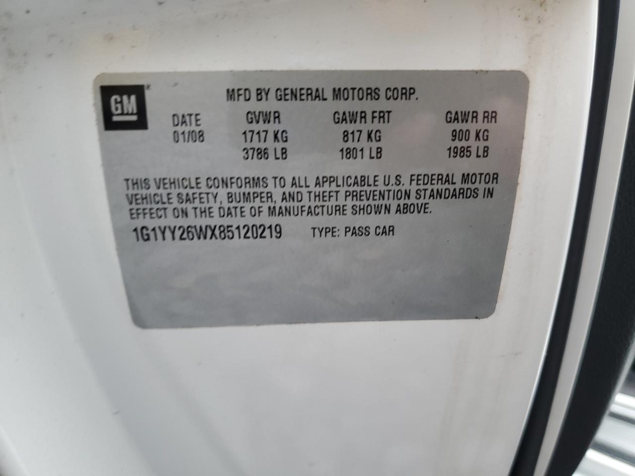 2008 Chevrolet Corvette VIN: 1G1YY26WX85120219 Lot: 67226905