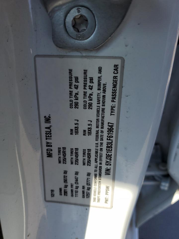 2020 Tesla Model 3 VIN: 5YJ3E1EB3LF619647 Lot: 68328155
