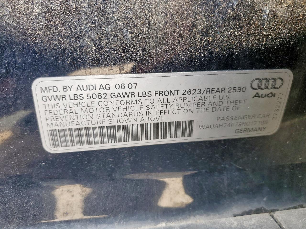 2008 Audi A6 3.2 VIN: WAUAH74F78N017104 Lot: 70652885