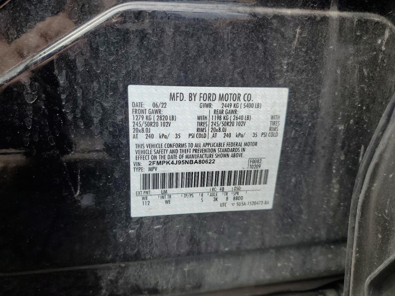 2022 Ford Edge Sel VIN: 2FMPK4J95NBA80622 Lot: 67585695