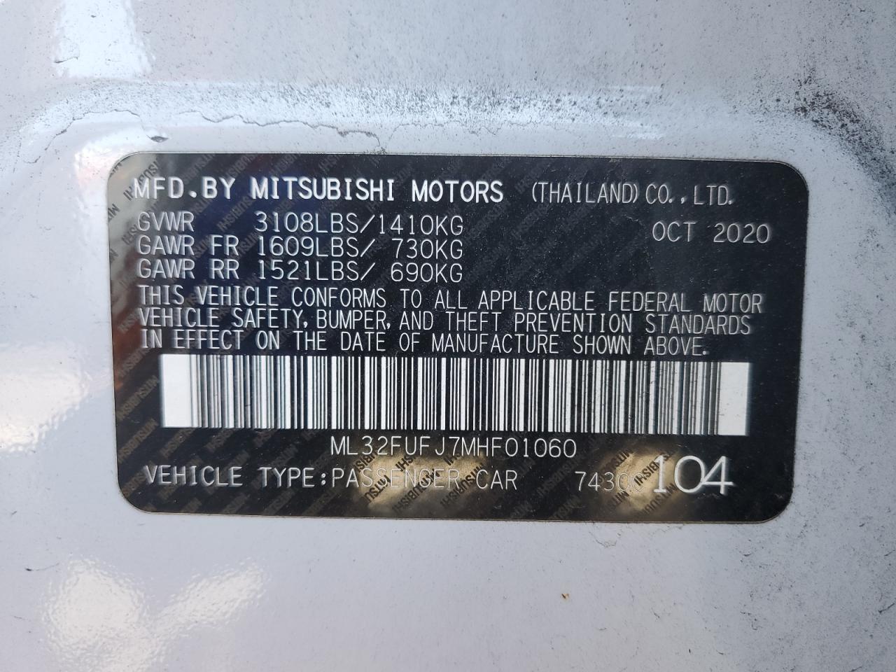 2021 Mitsubishi Mirage G4 Es VIN: ML32FUFJ7MHF01060 Lot: 68963375