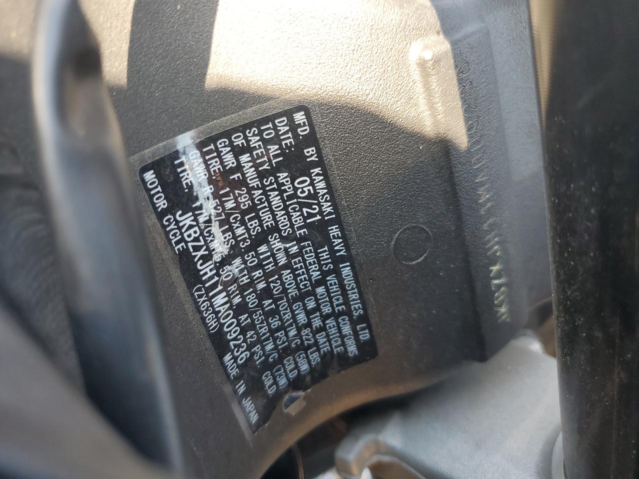 2021 Kawasaki Zx636 K VIN: JKBZXJH11MA009236 Lot: 69071075