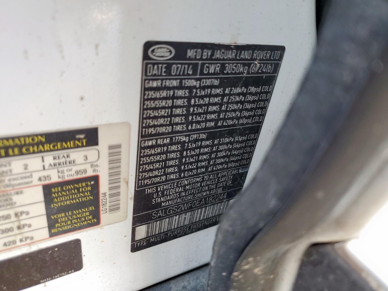 2014 Land Rover Range Rover Hse VIN: SALGS2WF0EA182244 Lot: 68470225