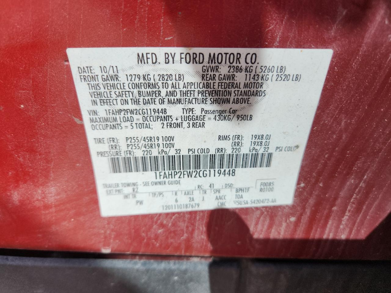 2012 Ford Taurus Limited VIN: 1FAHP2FW2CG119448 Lot: 70786695