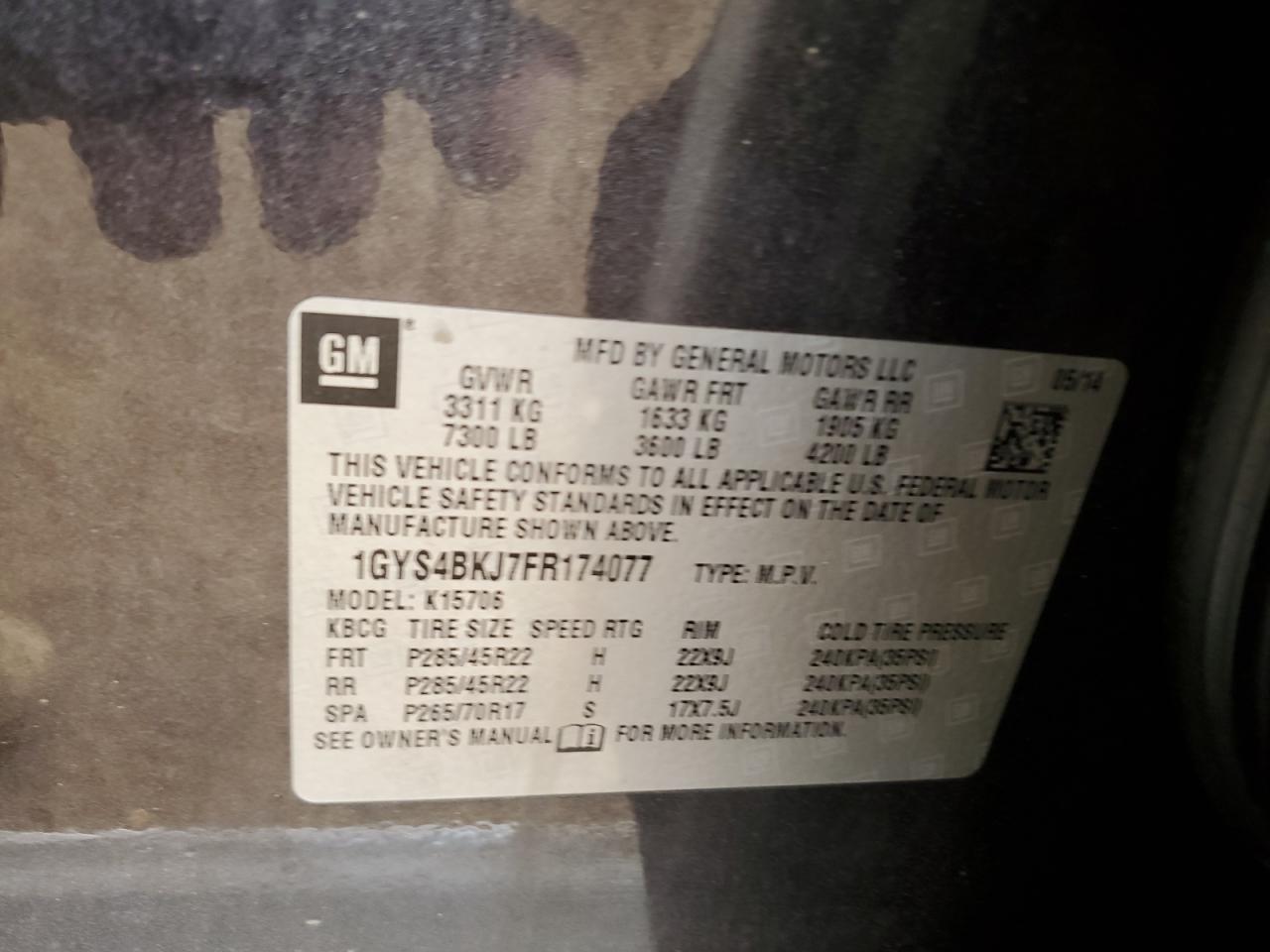 2015 Cadillac Escalade Luxury VIN: 1GYS4BKJ7FR174077 Lot: 68317665