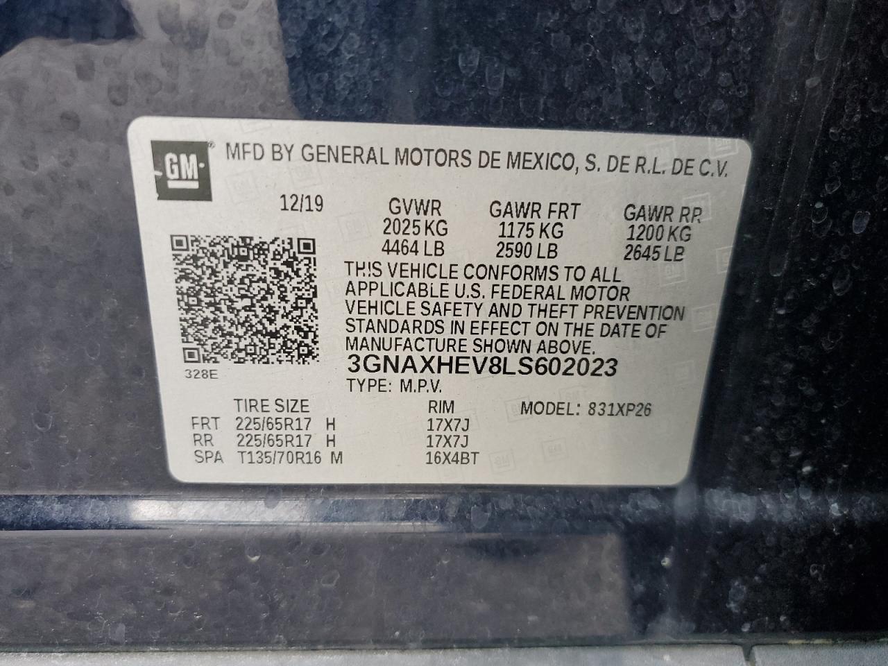 2020 Chevrolet Equinox Ls VIN: 3GNAXHEV8LS602023 Lot: 69654815