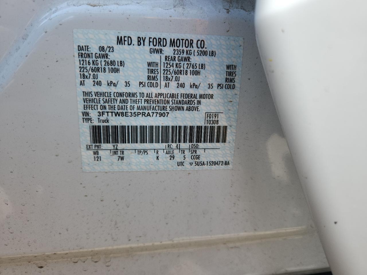 2023 Ford Maverick Xl VIN: 3FTTW8E35PRA77907 Lot: 70918385