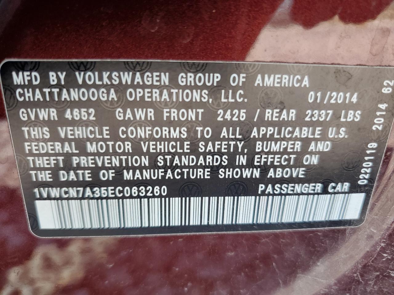 2014 Volkswagen Passat Sel VIN: 1VWCN7A35EC063260 Lot: 69214775