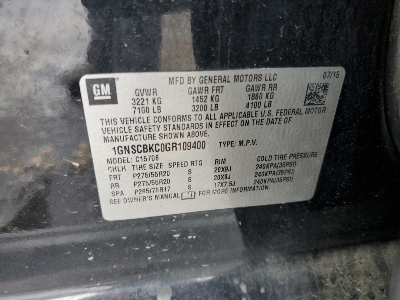 2016 Chevrolet Tahoe C1500 Lt VIN: 1GNSCBKC0GR109400 Lot: 68715755