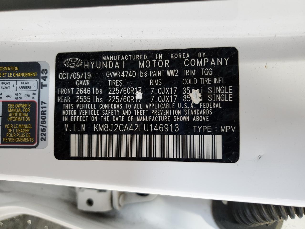 2020 Hyundai Tucson Se VIN: KM8J2CA42LU146913 Lot: 71052655