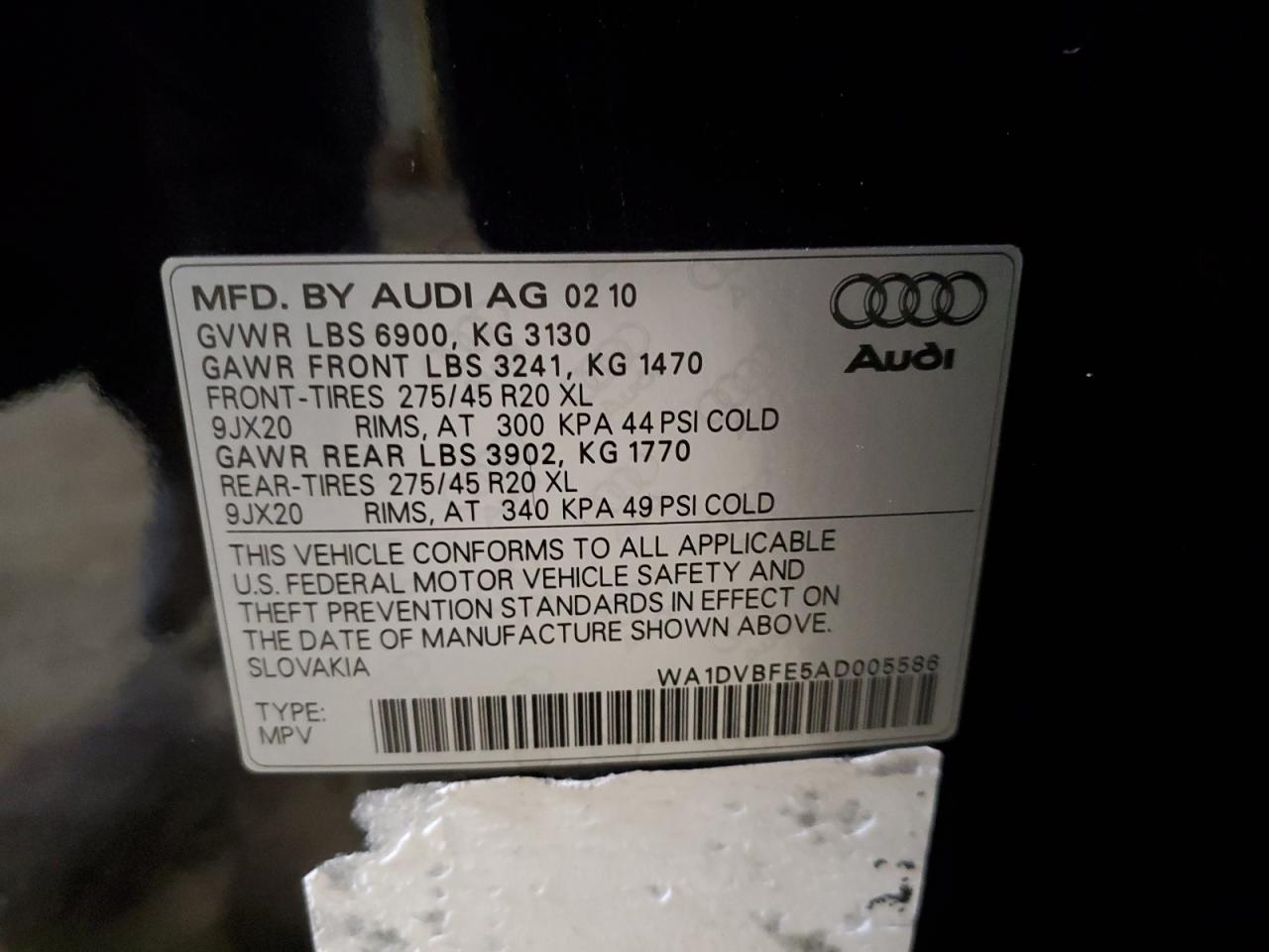 2010 Audi Q7 Prestige VIN: WA1DVBFE5AD005586 Lot: 69930485