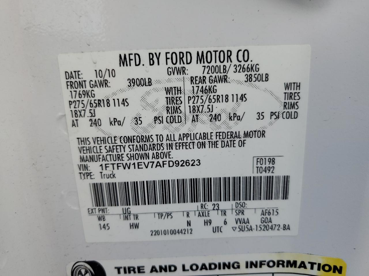 2010 Ford F150 Supercrew VIN: 1FTFW1EV7AFD92623 Lot: 69258355