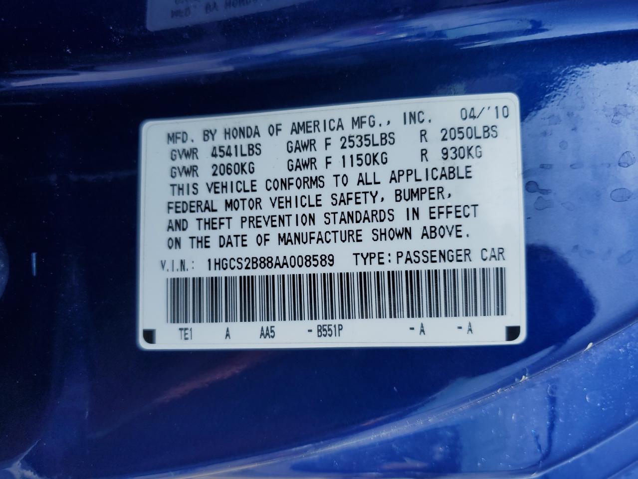 2010 Honda Accord Exl VIN: 1HGCS2B88AA008589 Lot: 67611455