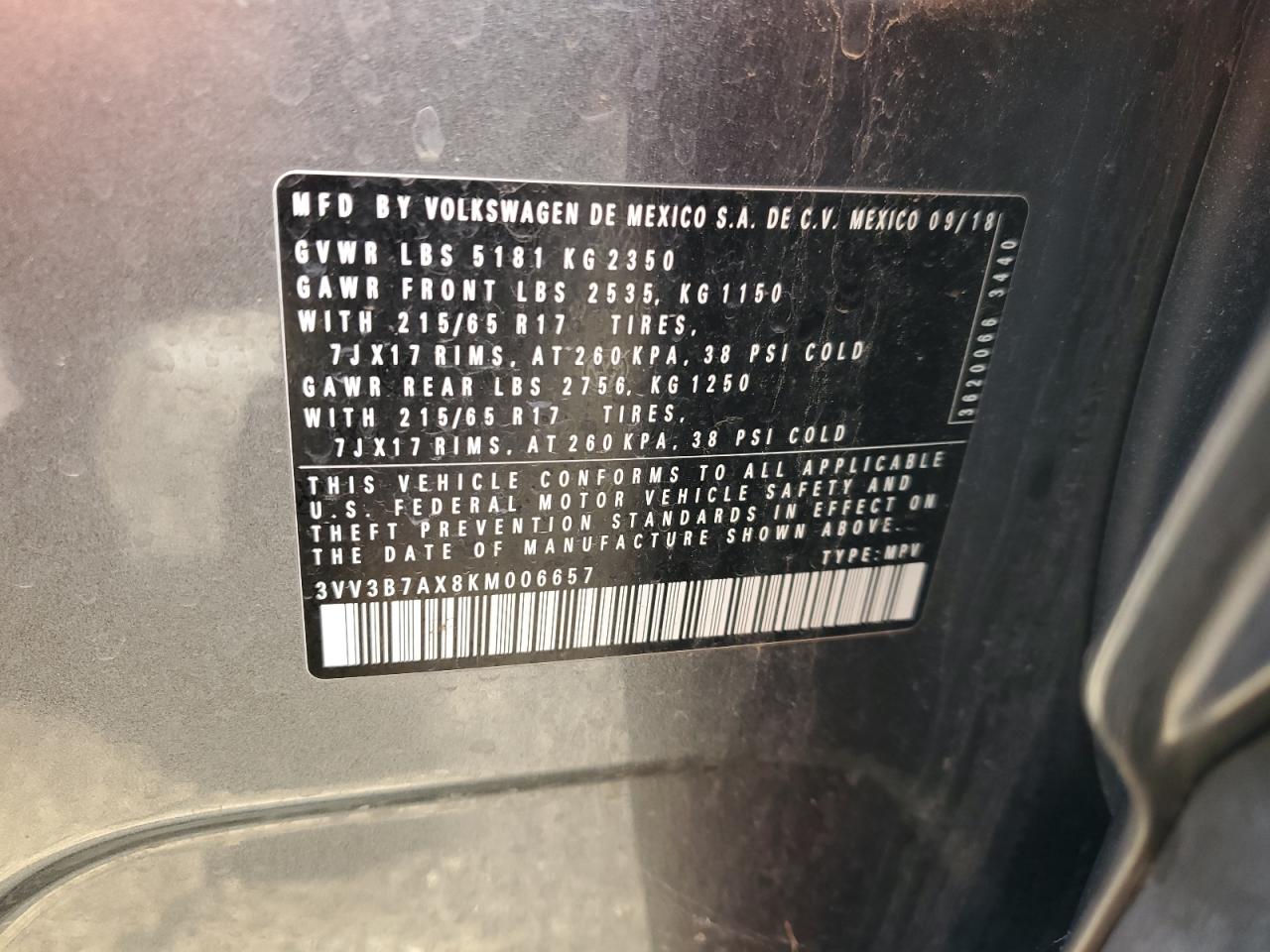 2019 Volkswagen Tiguan Se VIN: 3VV3B7AX8KM006657 Lot: 67440445