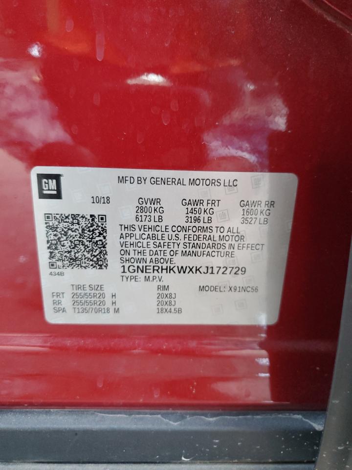 2019 Chevrolet Traverse Lt VIN: 1GNERHKWXKJ172729 Lot: 69642025