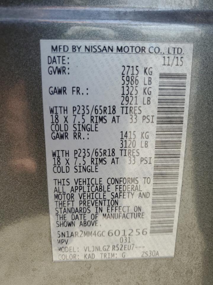 2016 Nissan Pathfinder S VIN: 5N1AR2MM4GC601256 Lot: 69629995