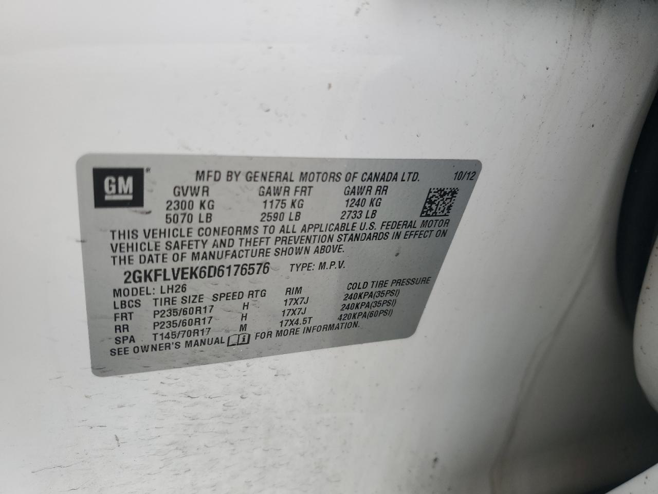 2013 GMC Terrain Slt VIN: 2GKFLVEK6D6176576 Lot: 69297395