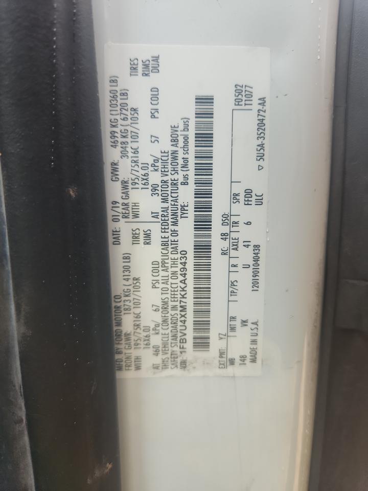 2019 Ford Transit T-350 Hd VIN: 1FBVU4XM7KKA49430 Lot: 70915775