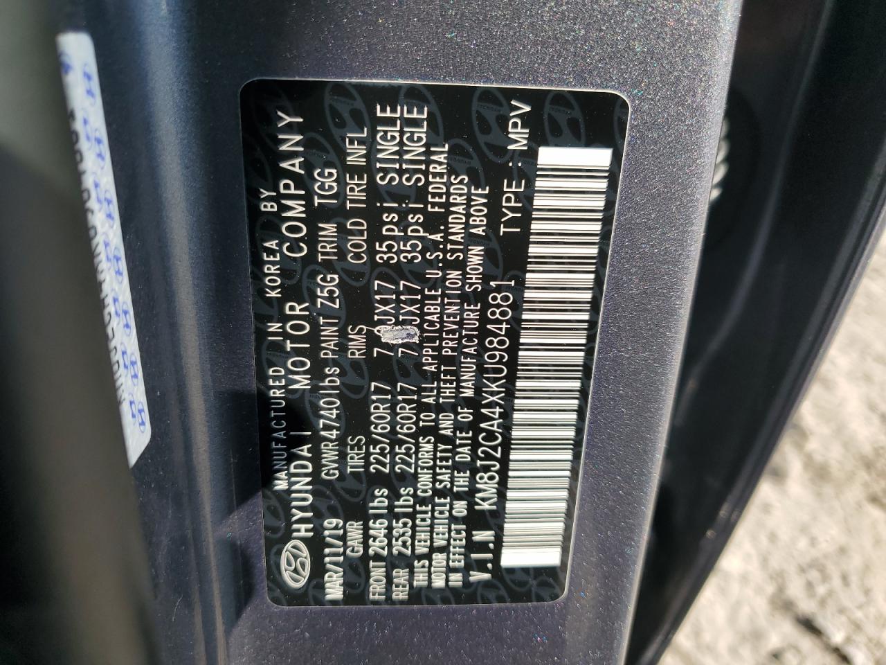 2019 Hyundai Tucson Se VIN: KM8J2CA4XKU984881 Lot: 67590865