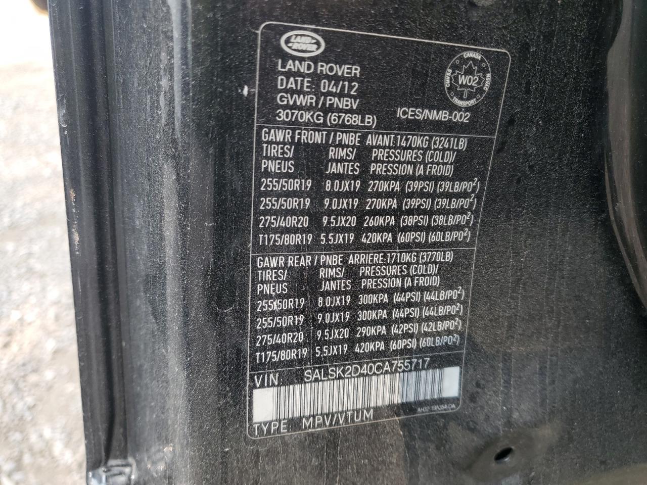 2012 Land Rover Range Rover Sport Hse Luxury VIN: SALSK2D40CA755717 Lot: 64548885