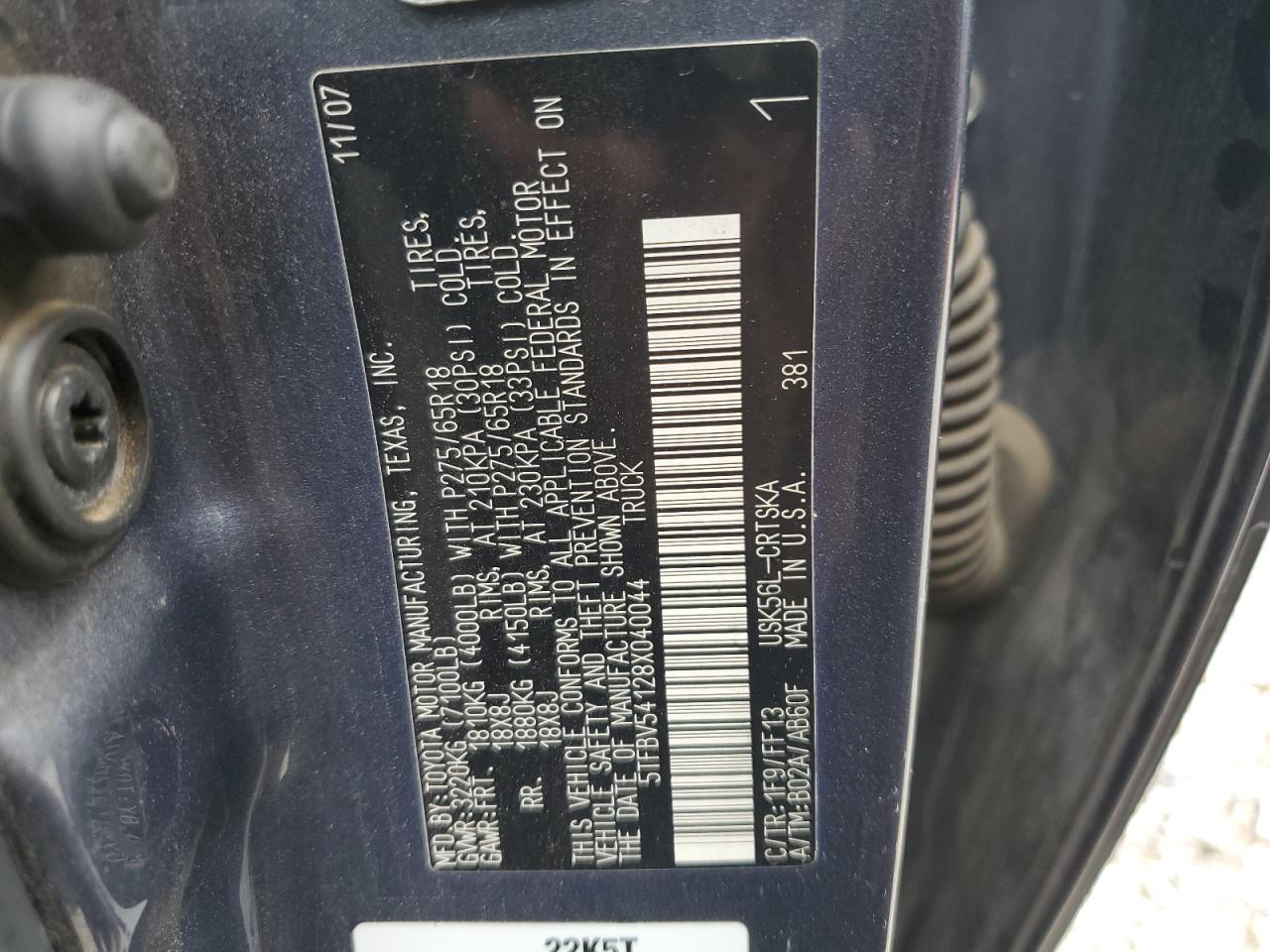 2008 Toyota Tundra Double Cab VIN: 5TFBV54128X040044 Lot: 70103715