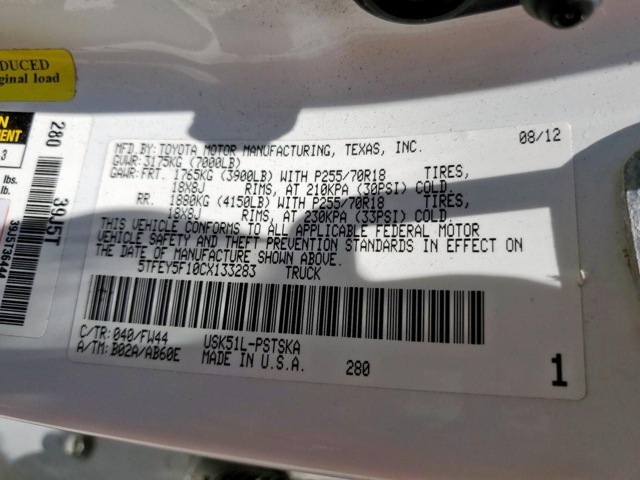 2012 Toyota Tundra Crewmax Sr5 VIN: 5TFEY5F10CX133283 Lot: 69417985