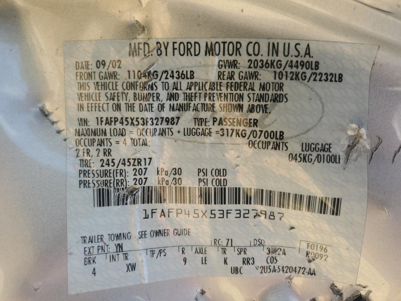 2003 Ford Mustang Gt VIN: 1FAFP45X53F327987 Lot: 68806175