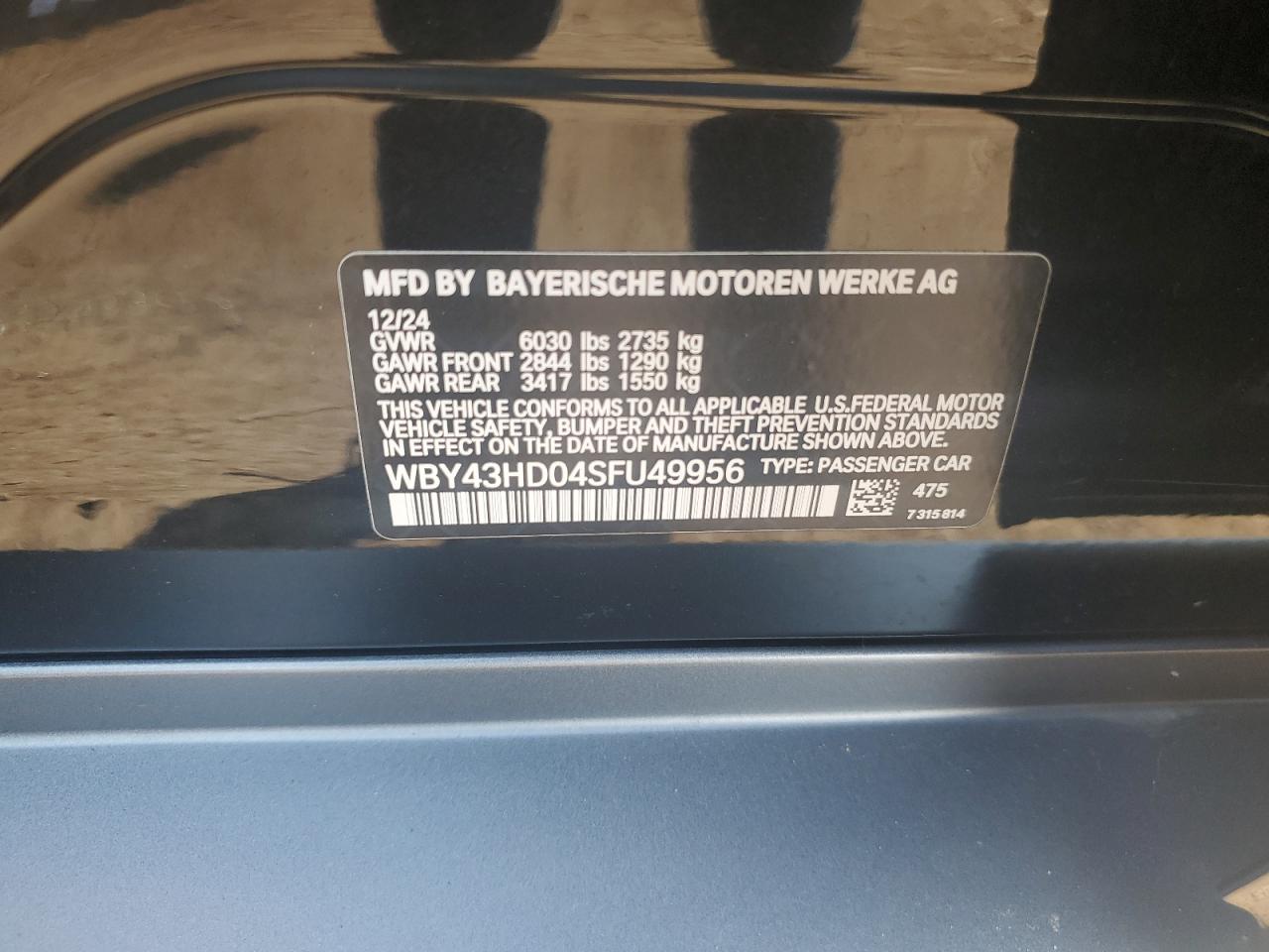 2025 BMW I4 xDrive 40 VIN: WBY43HD04SFU49956 Lot: 69205535