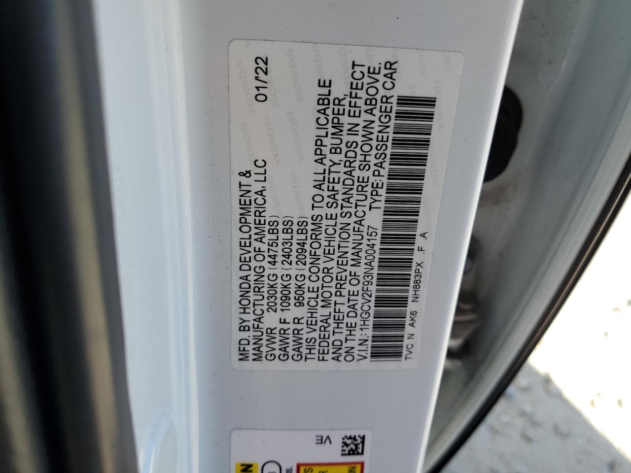 2022 Honda Accord Touring VIN: 1HGCV2F93NA004157 Lot: 70179615