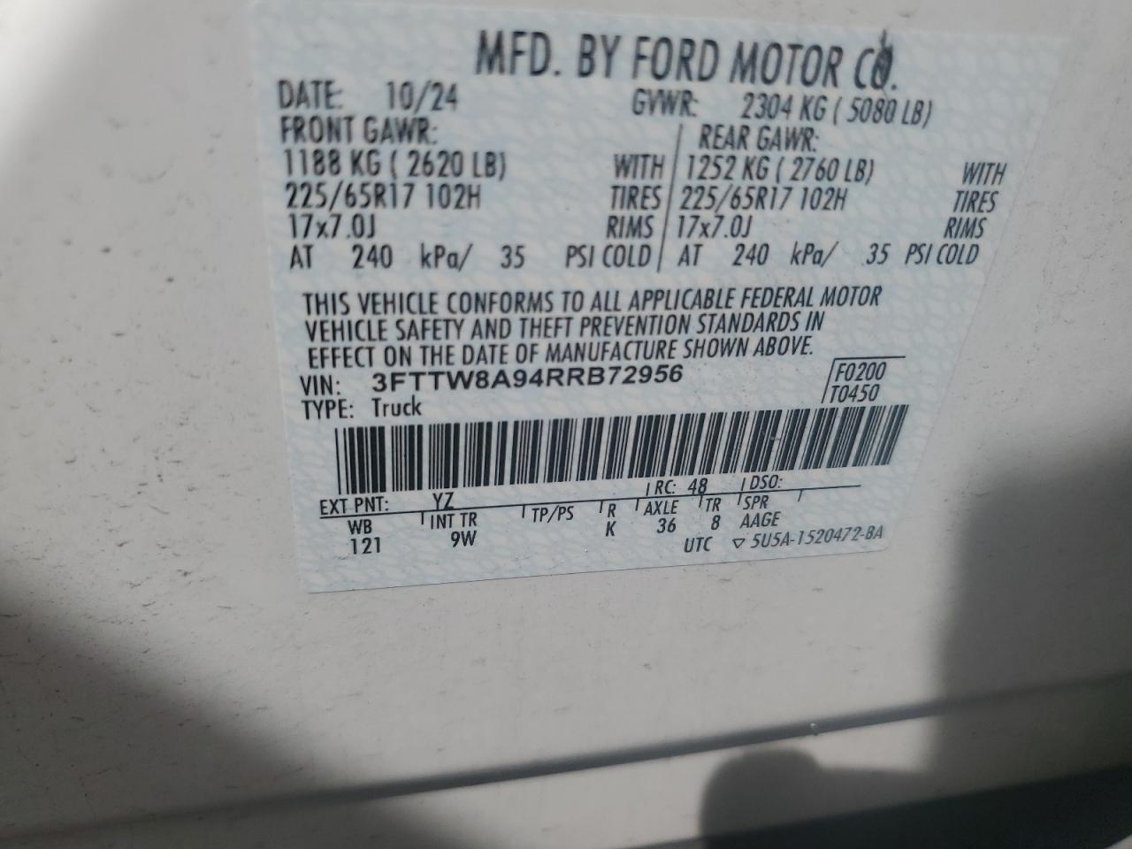 2024 Ford Maverick Xl VIN: 3FTTW8A94RRB72956 Lot: 70466255