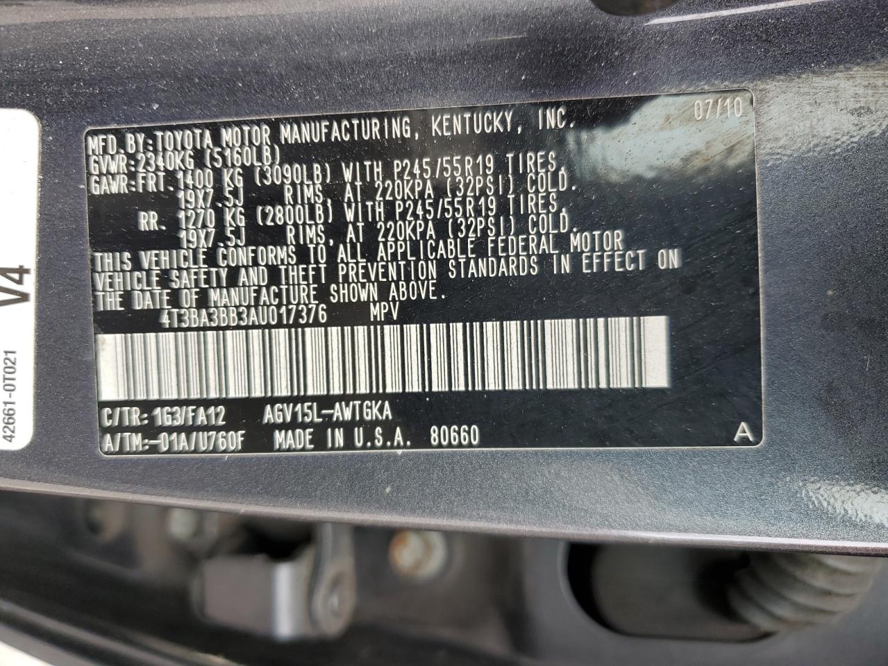 2010 Toyota Venza VIN: 4T3BA3BB3AU017376 Lot: 68284365