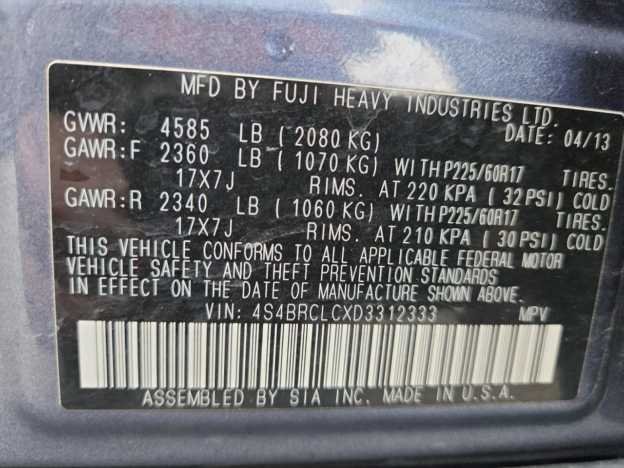 2013 Subaru Outback 2.5I Limited VIN: 4S4BRCLCXD3312333 Lot: 69572475