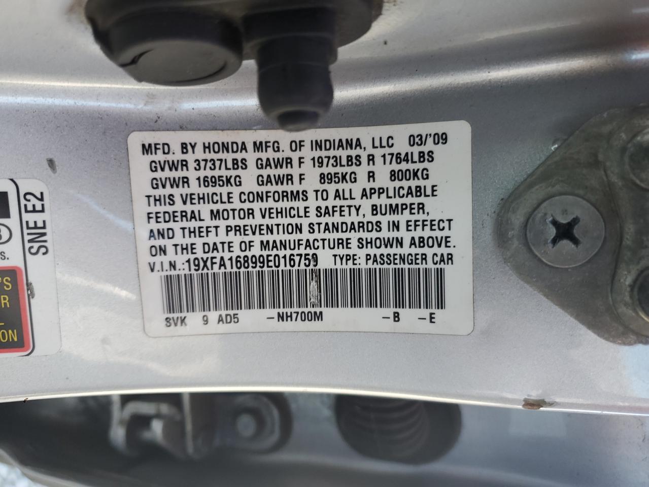 2009 Honda Civic Ex VIN: 19XFA16899E016759 Lot: 70946645