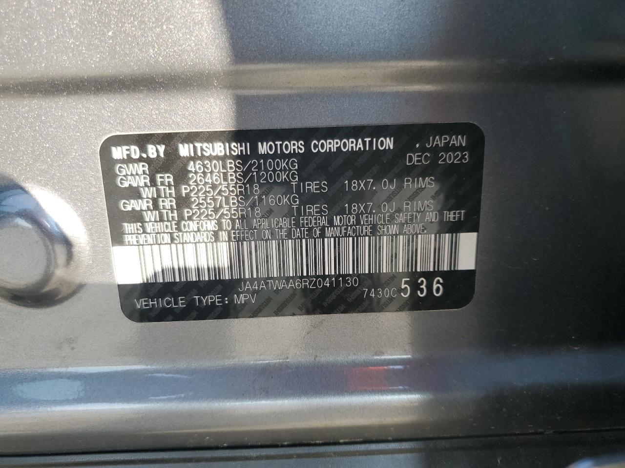2024 Mitsubishi Eclipse Cross Se VIN: JA4ATWAA6RZ041130 Lot: 68955055