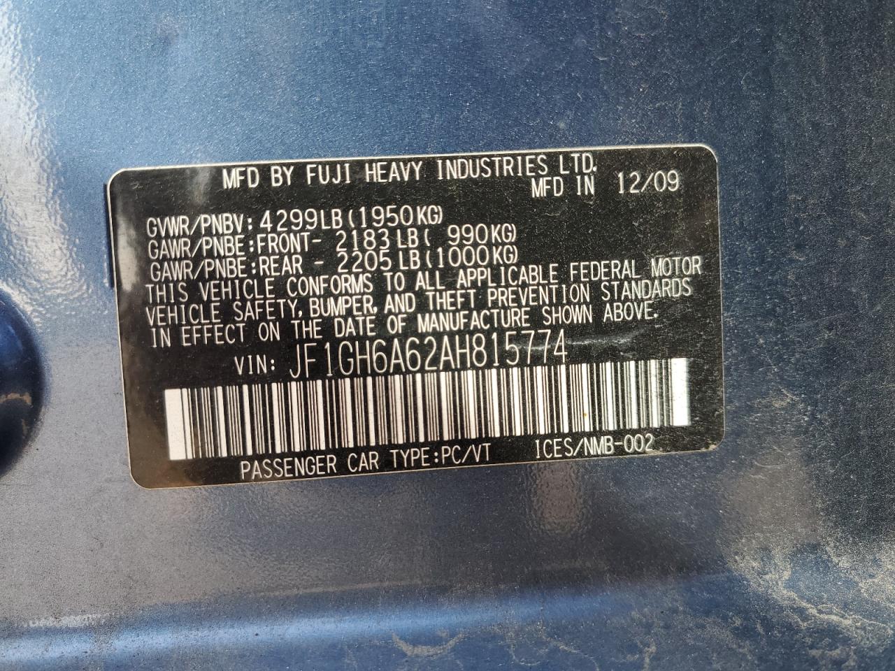 2010 Subaru Impreza 2.5I VIN: JF1GH6A62AH815774 Lot: 69516655