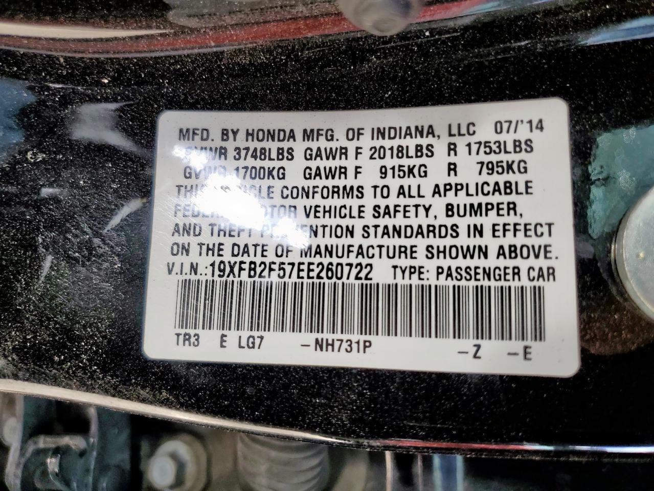 2014 Honda Civic Lx VIN: 19XFB2F57EE260722 Lot: 69338645