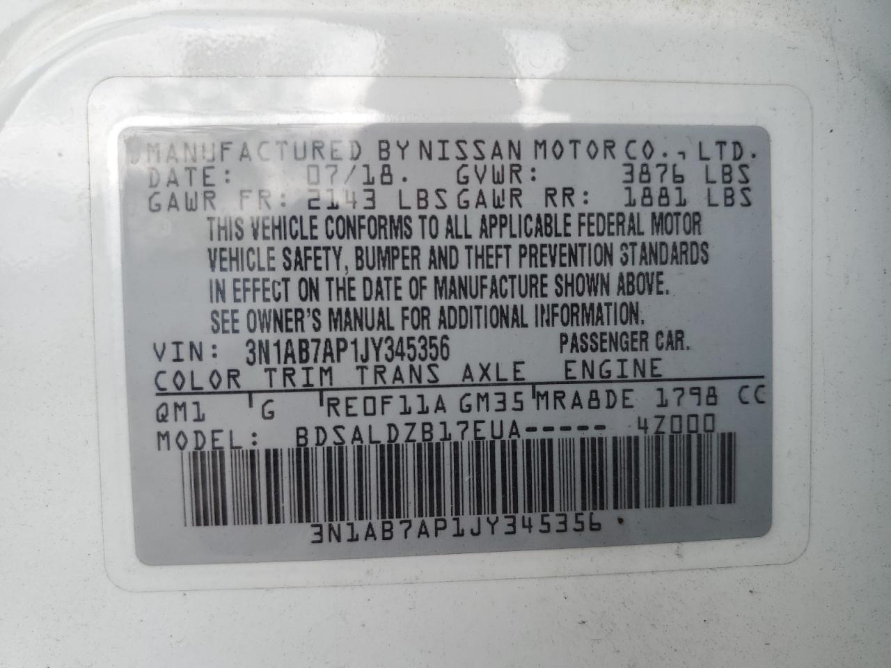 2018 Nissan Sentra S VIN: 3N1AB7AP1JY345356 Lot: 68340445