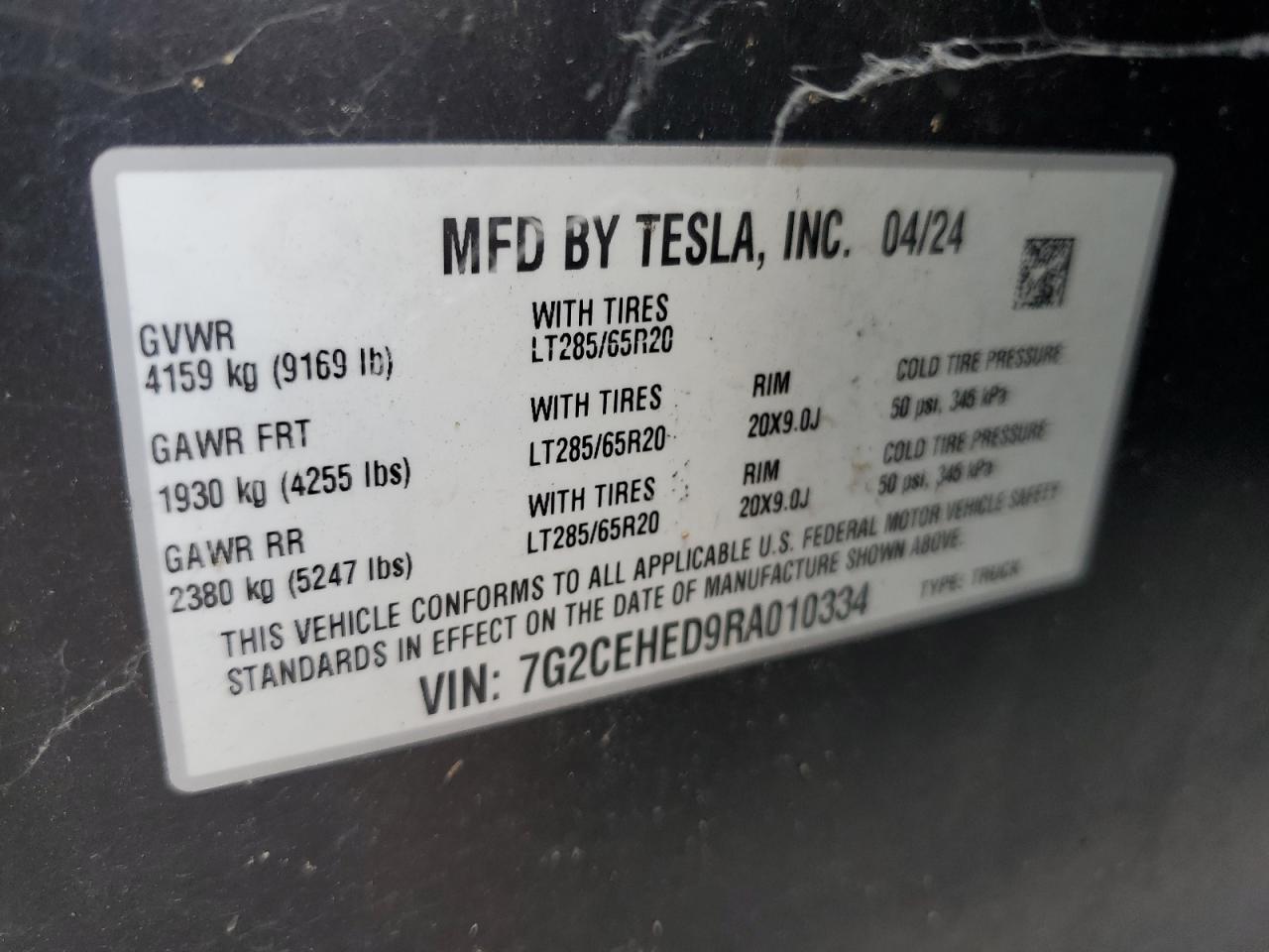 2024 Tesla Cybertruck VIN: 7G2CEHED9RA010334 Lot: 68481155